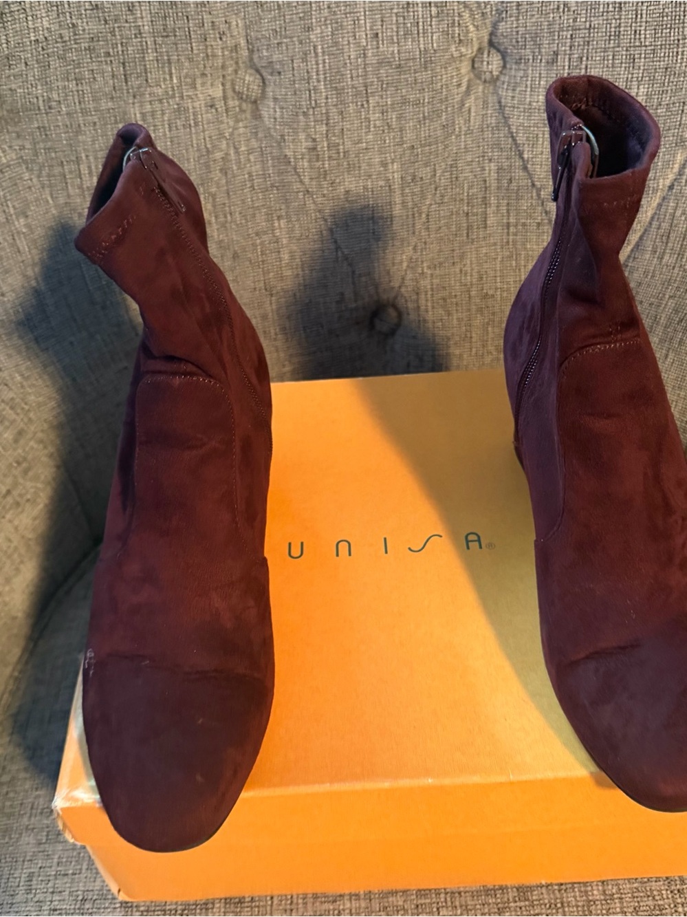 Unisa Burgundy Suede High Ankle Zip Booties